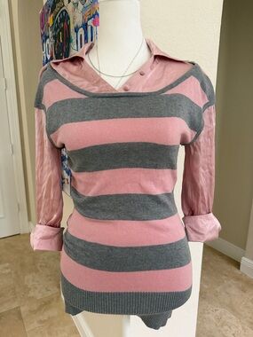 bebe Pink and Gray Off-the-Shoulder Striped Sweater